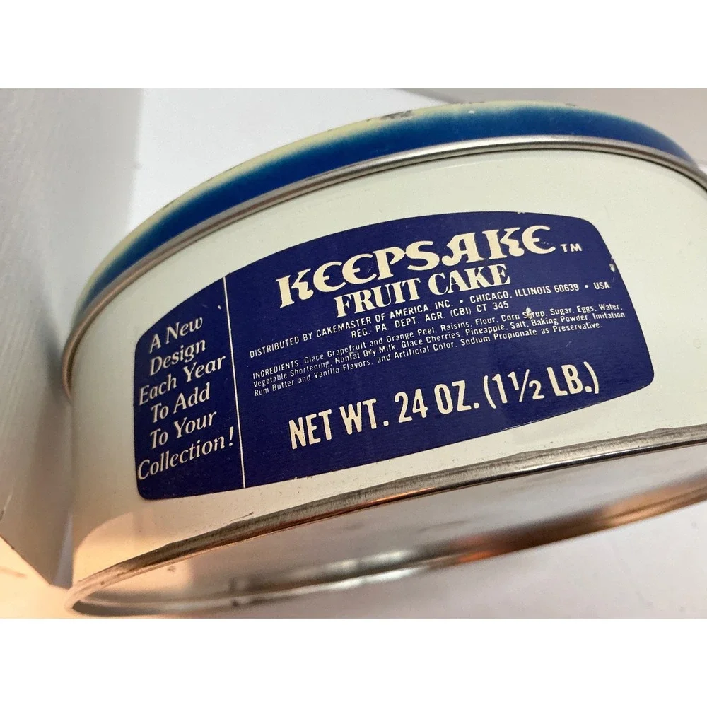 Keepsake Vintage 1977 Fruit Cake Tin Snowy Night First Edition Winter Scene Blue